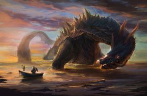 Dragon emerging from water by fisherman